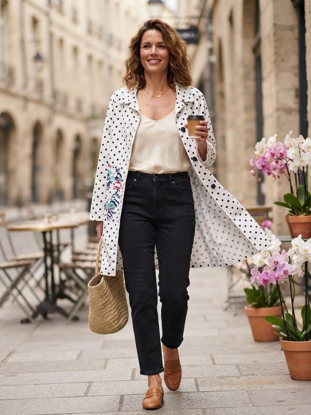 Tribal White Polka Dot Blazer with Floral Embroidery